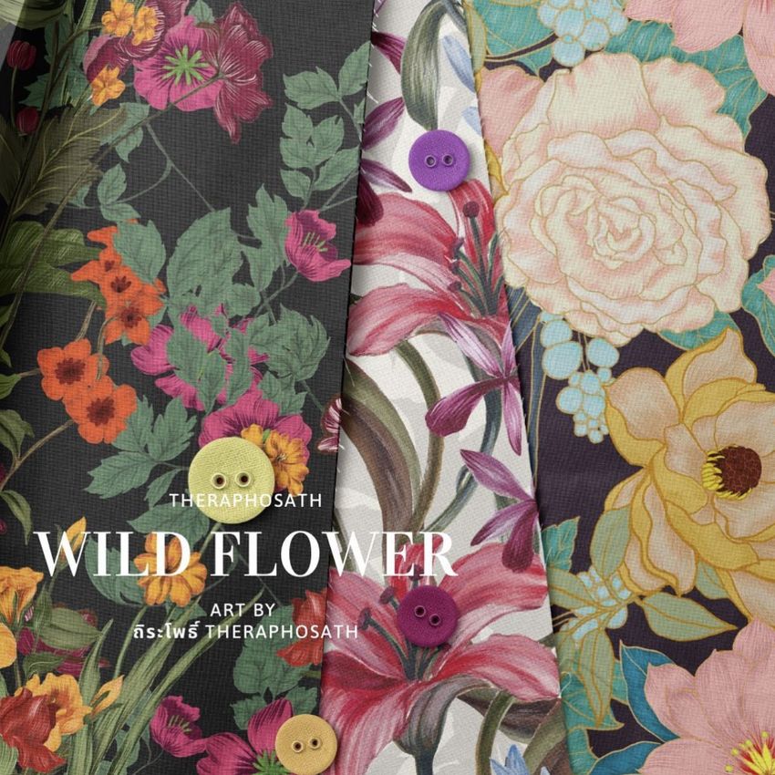 Fanned cotton fabric stack mockup showing three floral-patterned fabric pieces with colorful buttons and a text overlay.