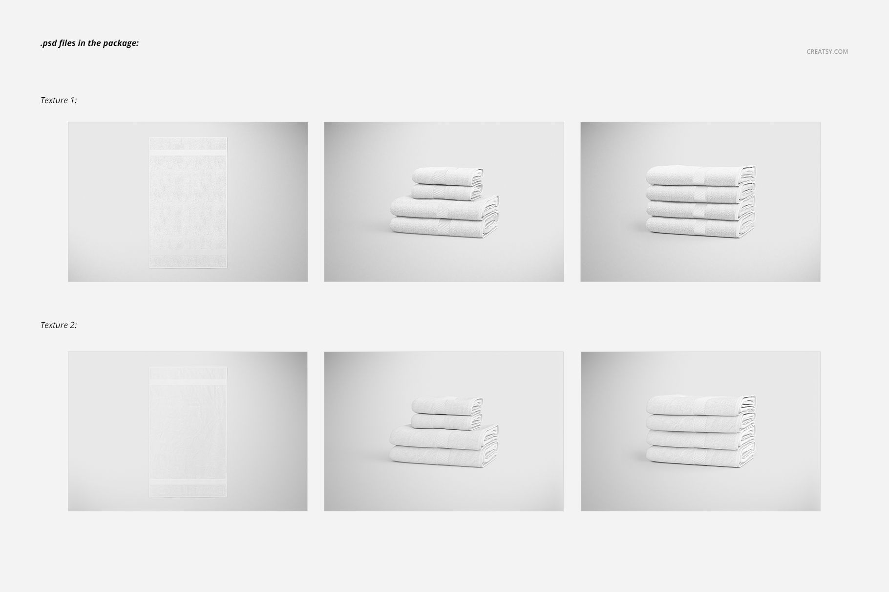 Bath towel mockup set featuring six scenes with folded and unfolded white towels on a light gray background.