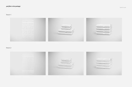 Bath towel mockup set featuring six scenes with folded and unfolded white towels on a light gray background.