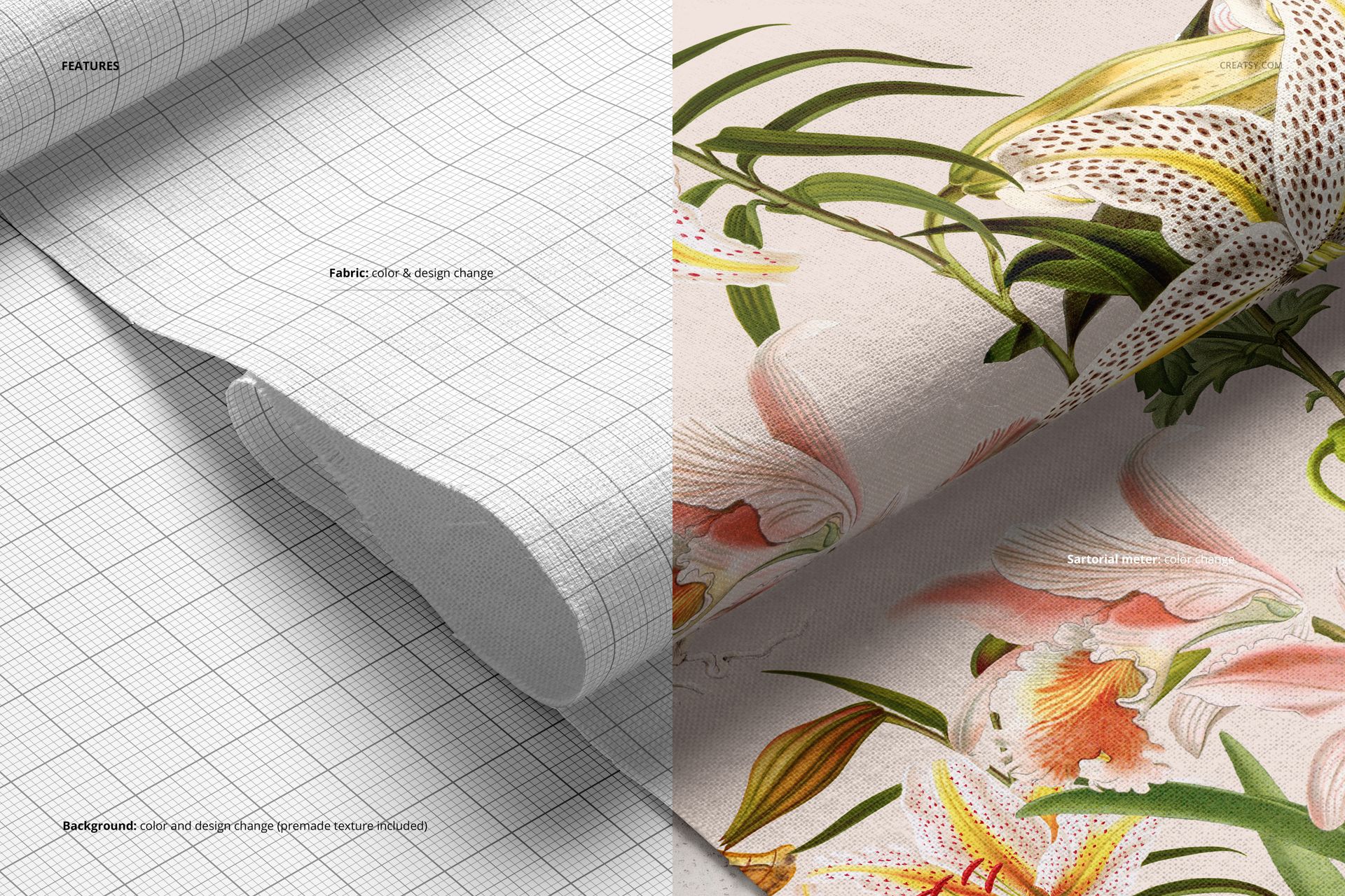 Draped cotton fabric mockup showing two fabric samples, one with a grid pattern and one with a floral design, viewed close-up.