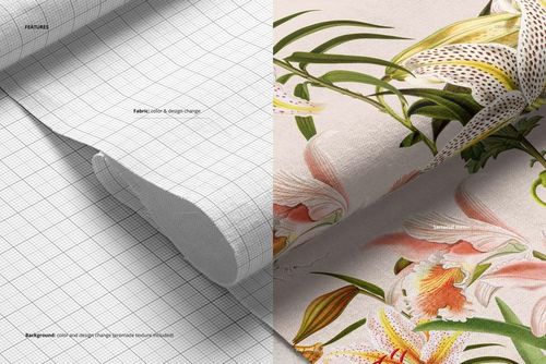 Draped cotton fabric mockup showing two fabric samples, one with a grid pattern and one with a floral design, viewed close-up.