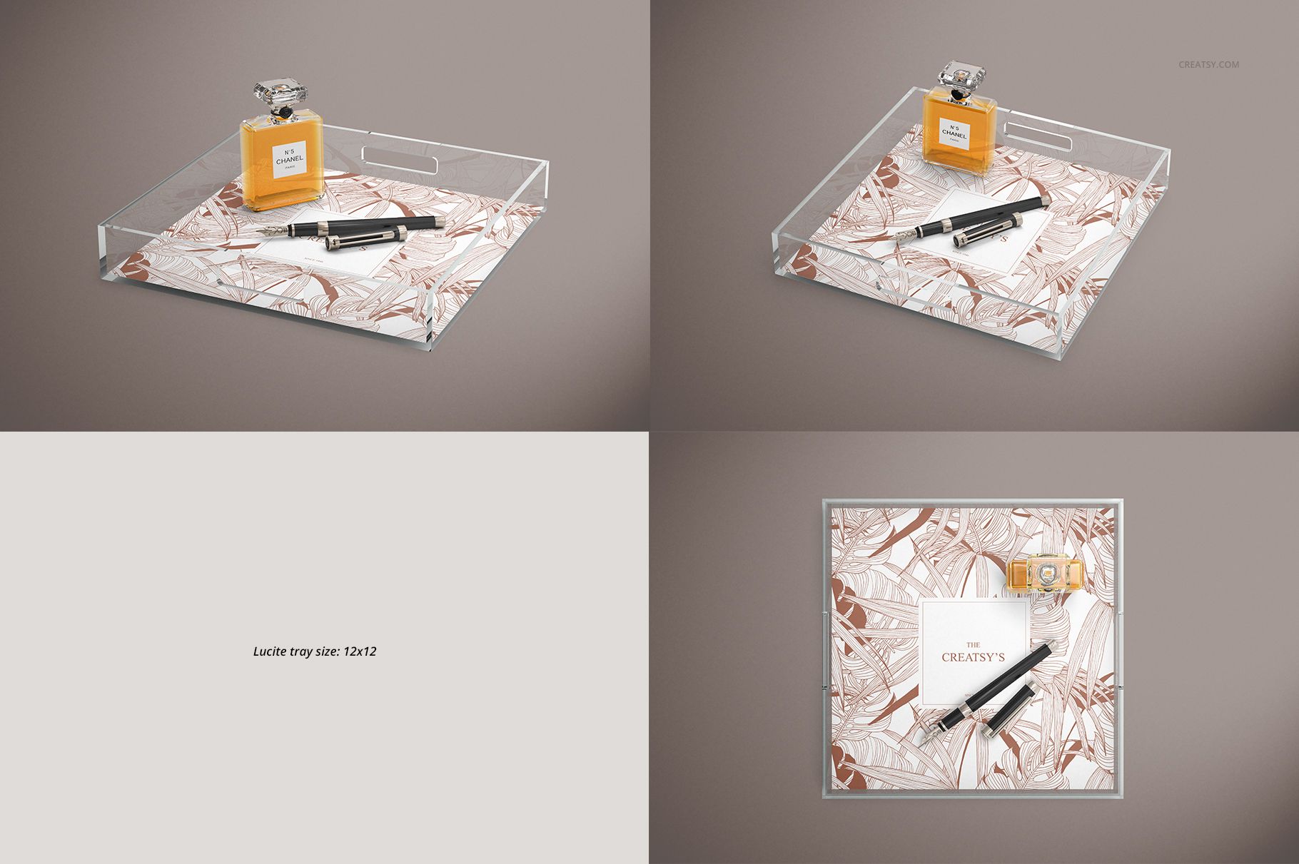Lucite tray mockup set showing transparent trays with handles, leaf motif base, and assorted accessories from top and side views.