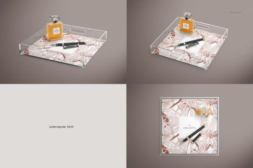 Lucite tray mockup set showing transparent trays with handles, leaf motif base, and assorted accessories from top and side views.