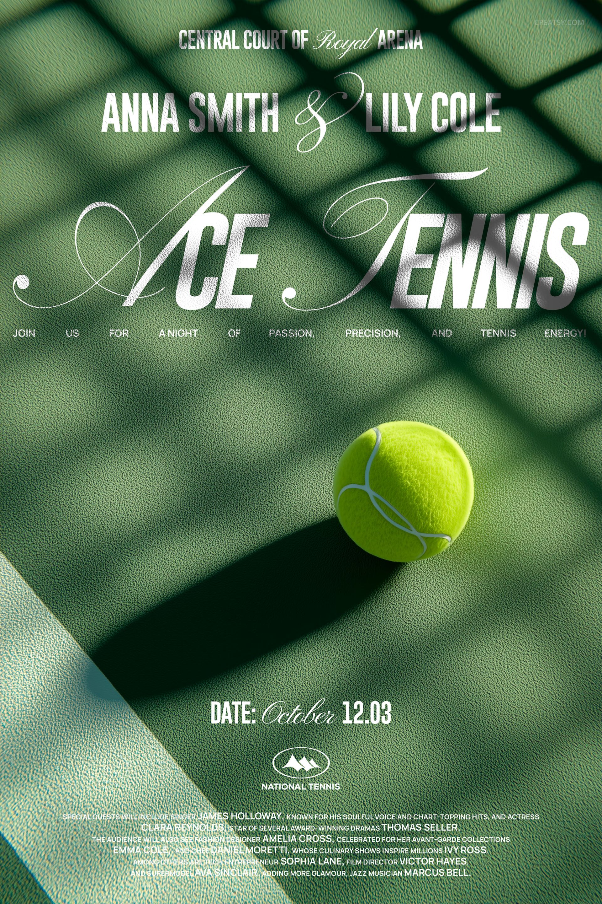 Tennis poster mockup showing a single yellow tennis ball on a textured green surface with net shadows.