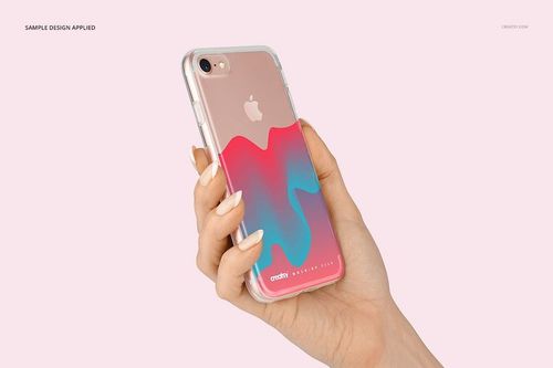 iPhone 7 clear case mockup displaying a colorful abstract pattern, shown in a hand against a light pink background.