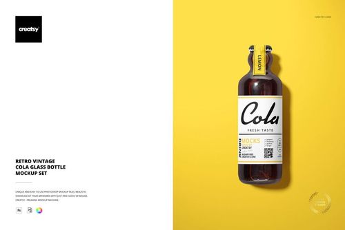 Front view of a retro vintage cola glass bottle with a yellow cap on a solid yellow background, PSD mockup style.
