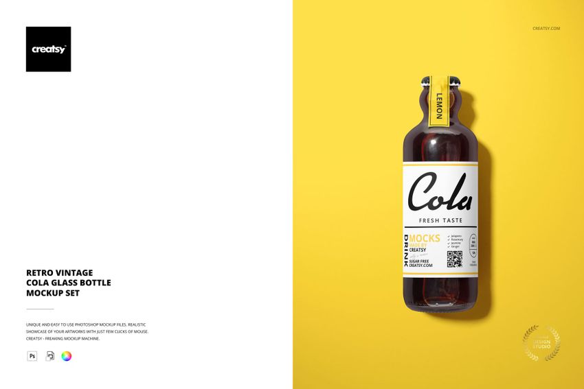 Front view of a retro vintage cola glass bottle with a yellow cap on a solid yellow background, PSD mockup style.