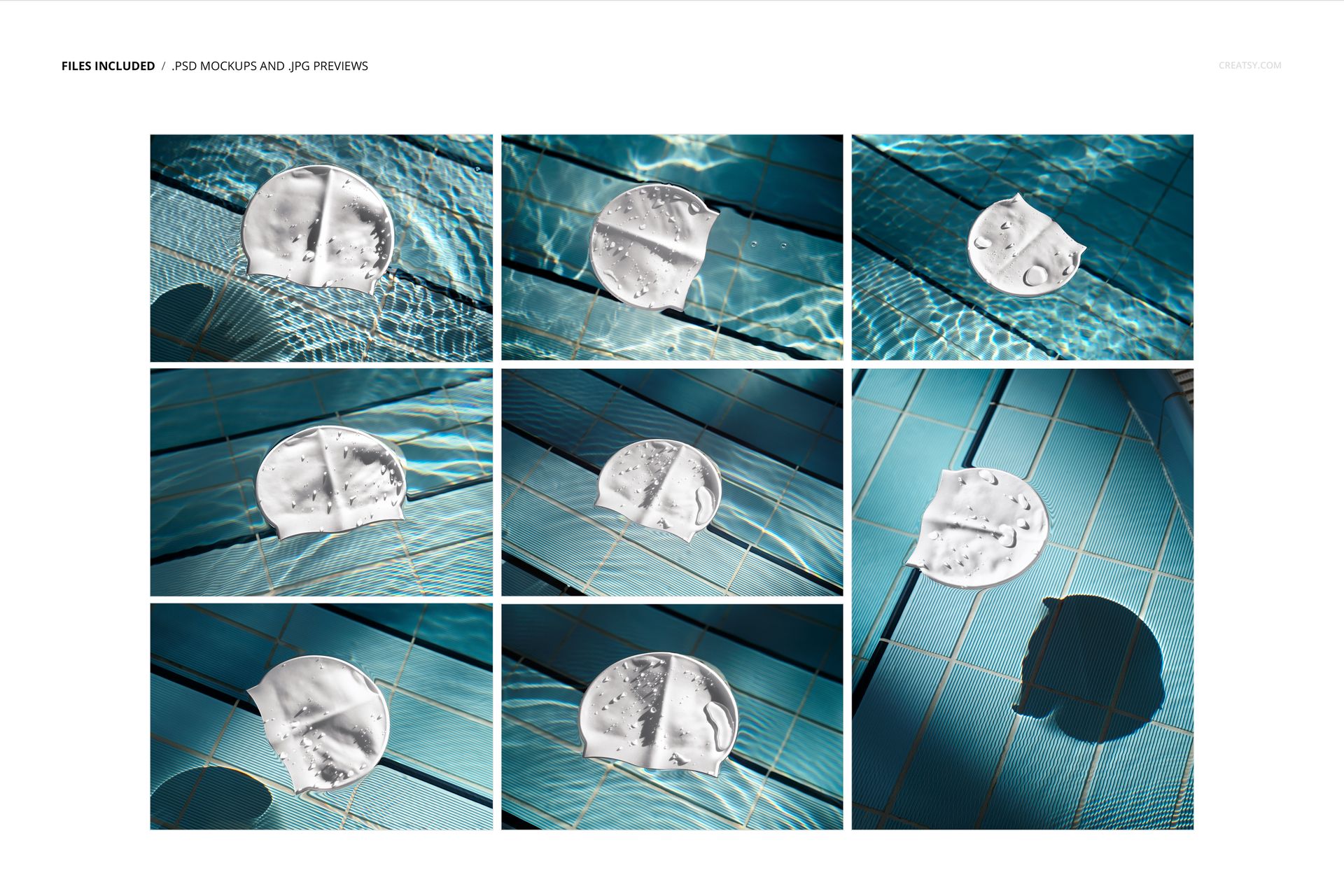 White swim caps displayed in various positions on the surface and edge of a swimming pool, shown in a PSD mockup set.