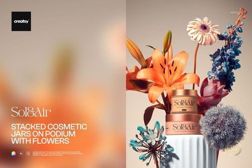 PSD mockup featuring cosmetic jars arranged on a podium with vibrant flowers and soft lighting from the side.