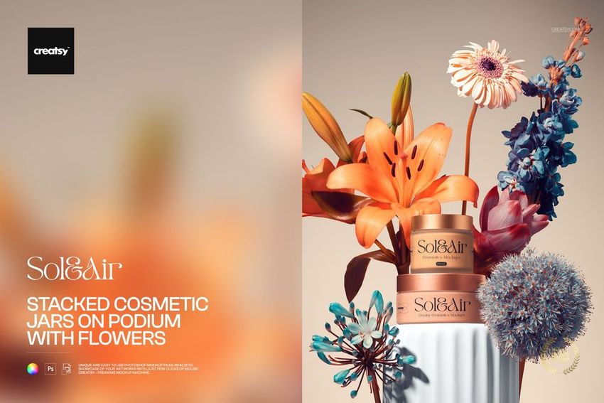 PSD mockup featuring cosmetic jars arranged on a podium with vibrant flowers and soft lighting from the side.