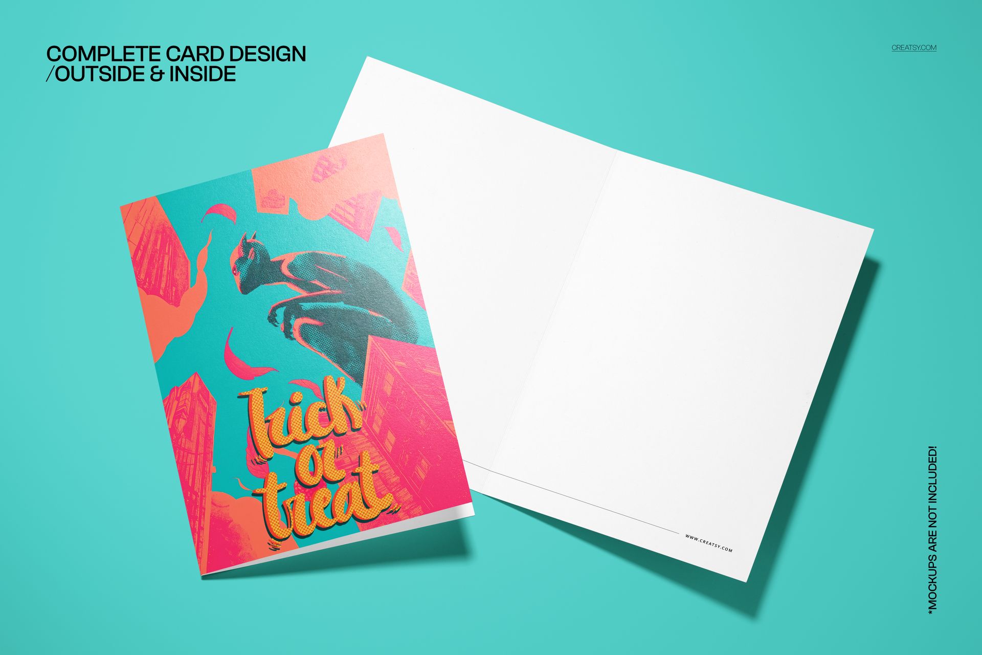 Halloween 5x7 card mockup with a retro devil character and colorful 'trick or treat' lettering on a teal background.