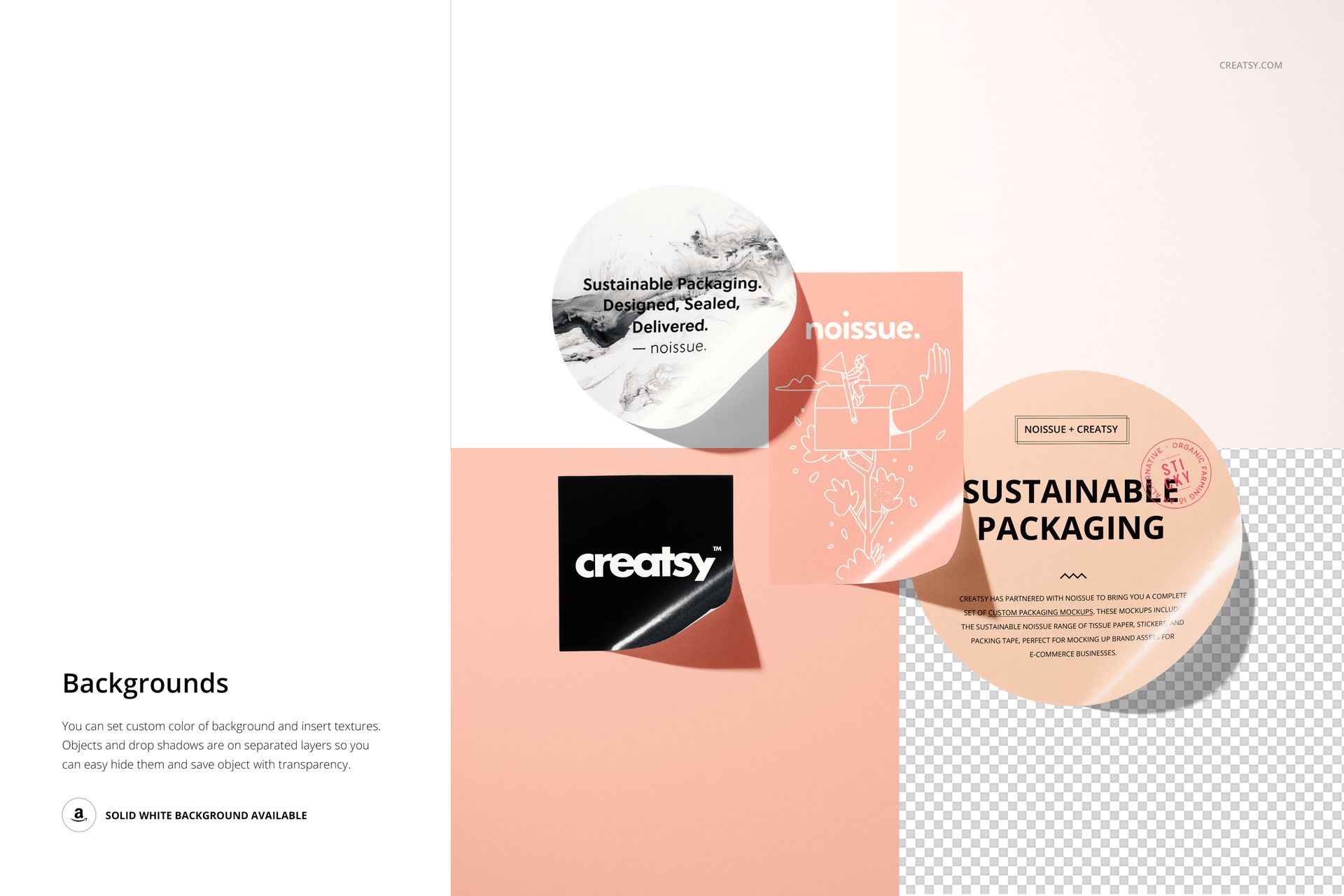 Sticker mockup featuring multiple geometric forms and soft color tones, shown from a top-down perspective on a clean layout.