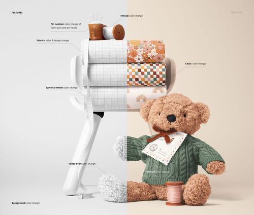 Front view of a PSD mockup featuring folded cotton fabrics with geometric and floral designs, teddy bear, and spools of thread.