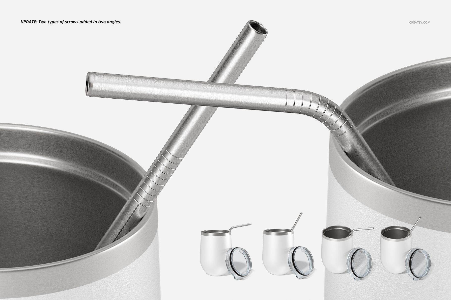 Front view of two white stemless wine cups with stainless steel straws, shown close-up with lid details.