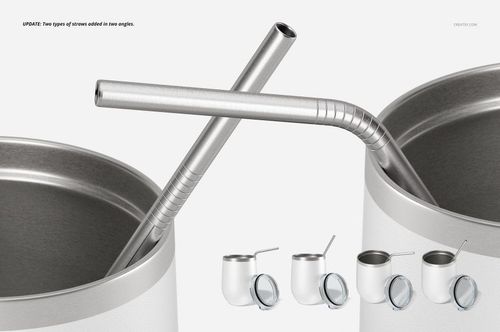 Front view of two white stemless wine cups with stainless steel straws, shown close-up with lid details.