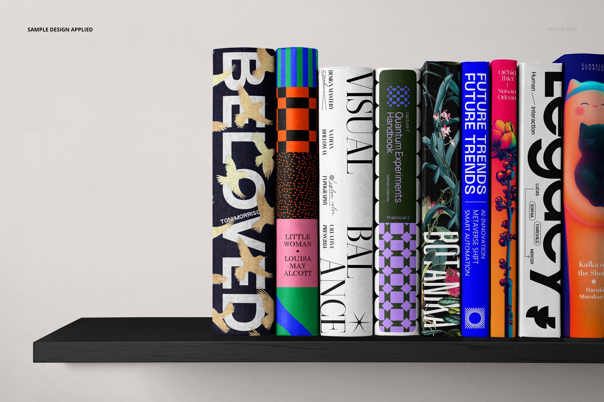 Books with varied spine artwork and patterns arranged neatly on a shelf, shown in a PSD mockup scene.