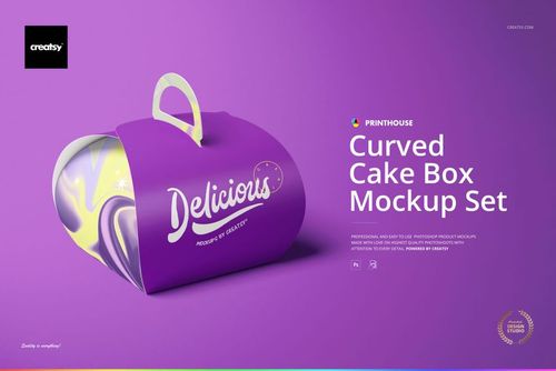 Purple curved cake box mockup with yellow and white marbled interior, displayed on a light purple background.