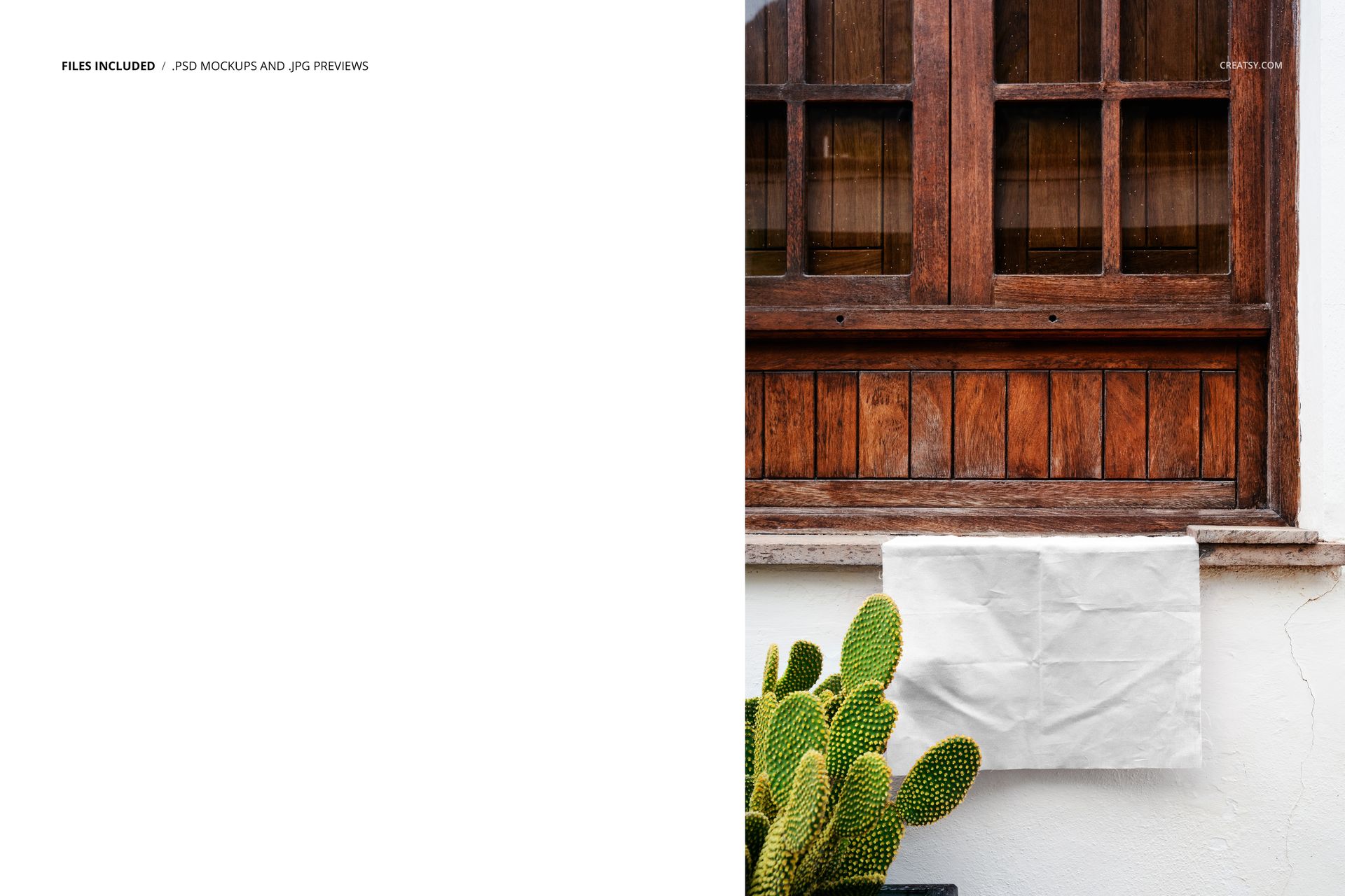 White fabric sample mockup placed against a wooden windowsill, featuring a cactus and textured white wall in the scene.