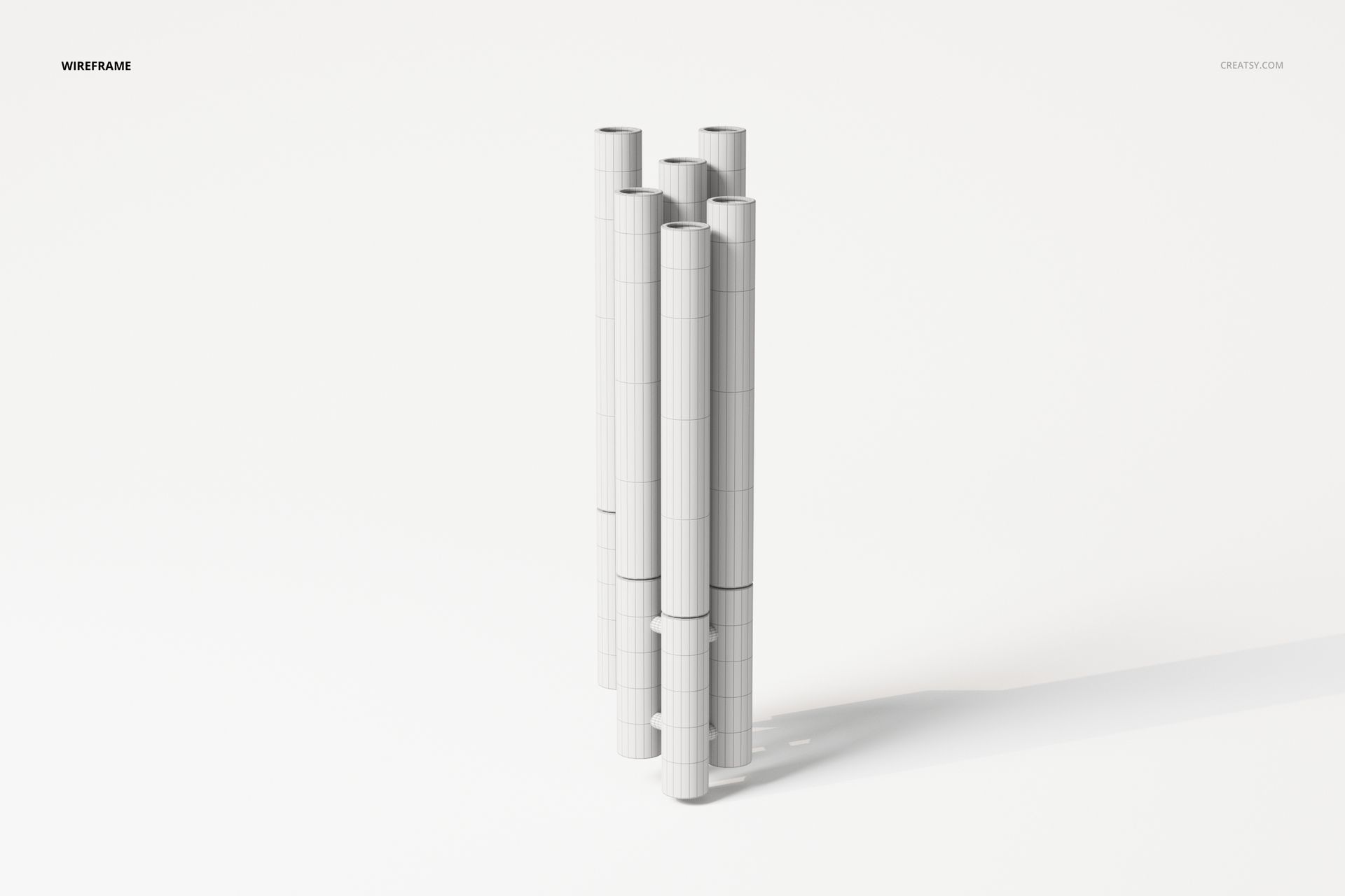Front view of a cylindrical wall light 3D model in a white wireframe style, arranged in vertical clusters on a plain background.