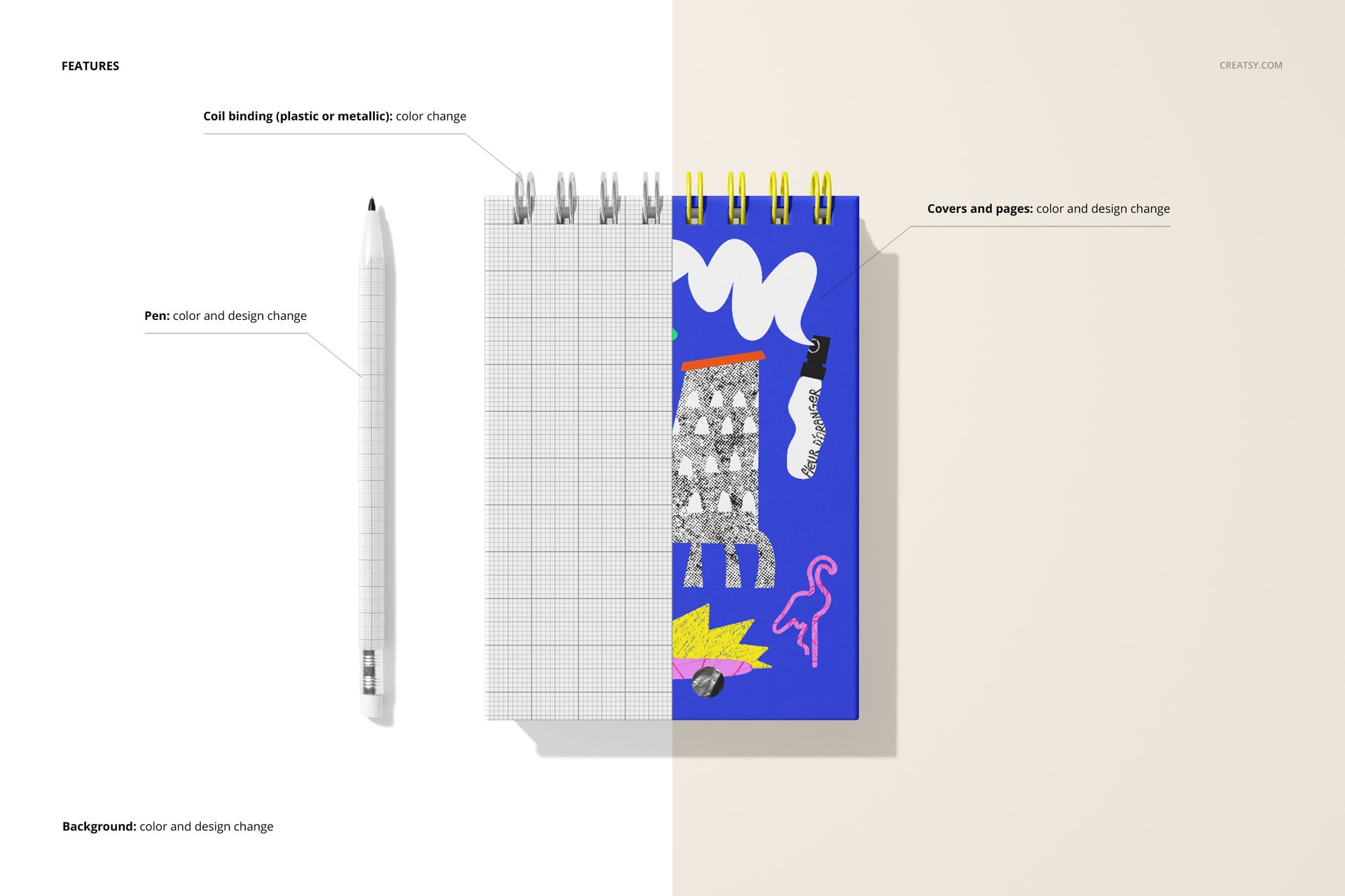 Spiral ring flip top notebook mockup with a grid paper design, colorful cover, and white pen on a split background.