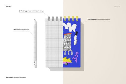 Spiral ring flip top notebook mockup with a grid paper design, colorful cover, and white pen on a split background.