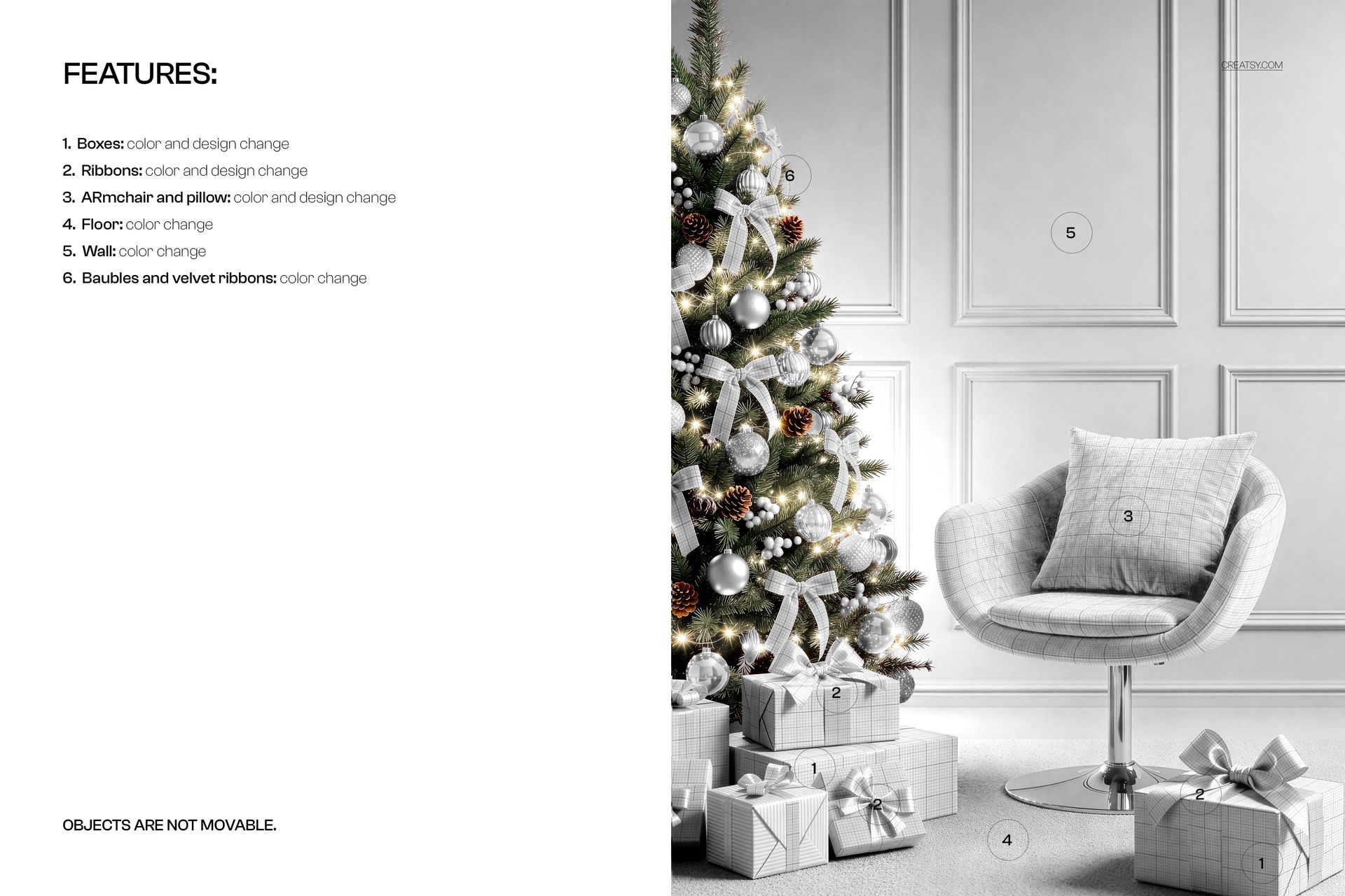 PSD mockup showing a festive living space featuring a silver Christmas tree, elegant chair, and gifts arranged on the floor.
