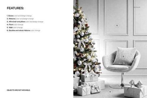 PSD mockup showing a festive living space featuring a silver Christmas tree, elegant chair, and gifts arranged on the floor.