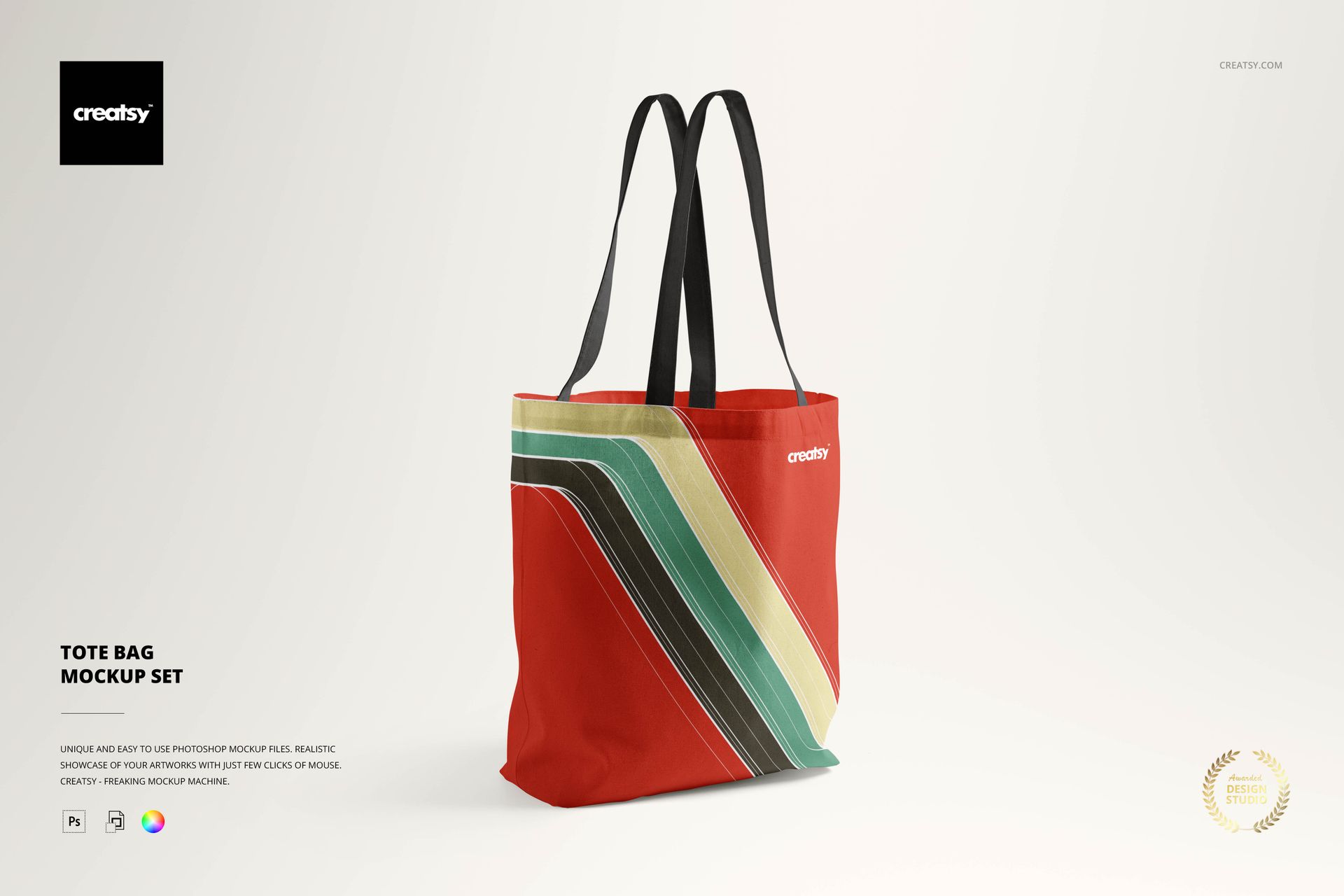 Tote bag mockup displayed upright with black straps and colorful diagonal stripes against a plain light backdrop.