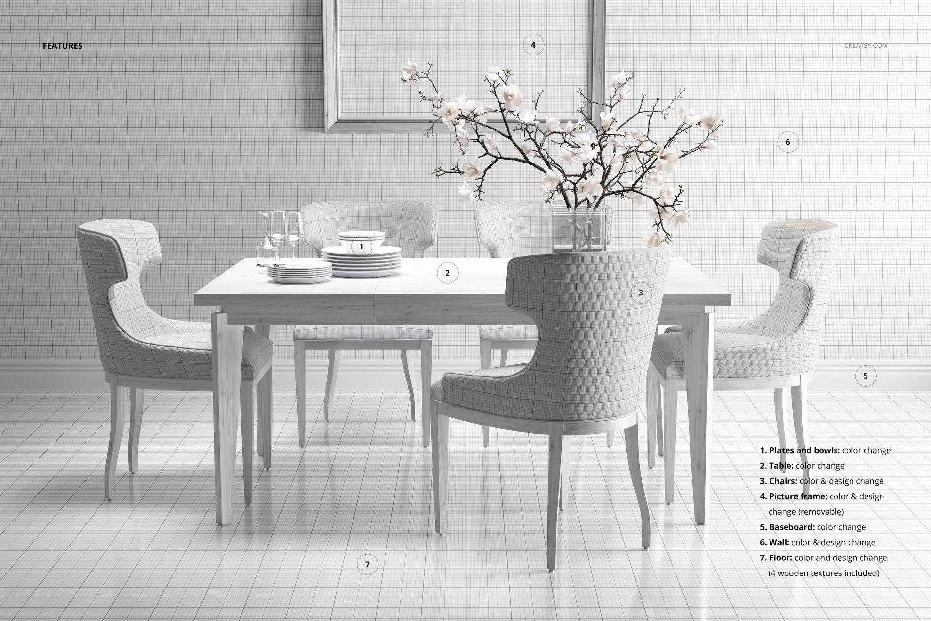 Modern dining room PSD mockup with four patterned chairs and a table, set against a grid-patterned wall and floor.