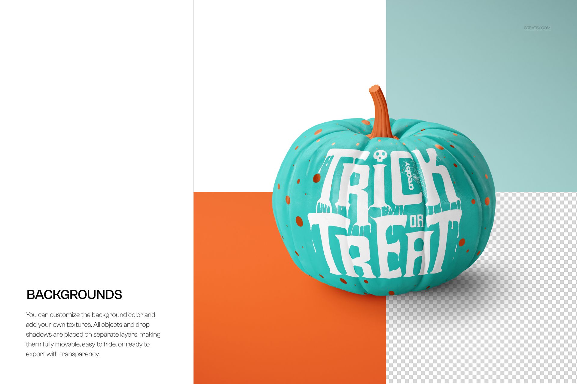 Front view of a teal pumpkin with orange dots and 'Trick or Treat' lettering, shown in a Halloween PSD mockup scene.