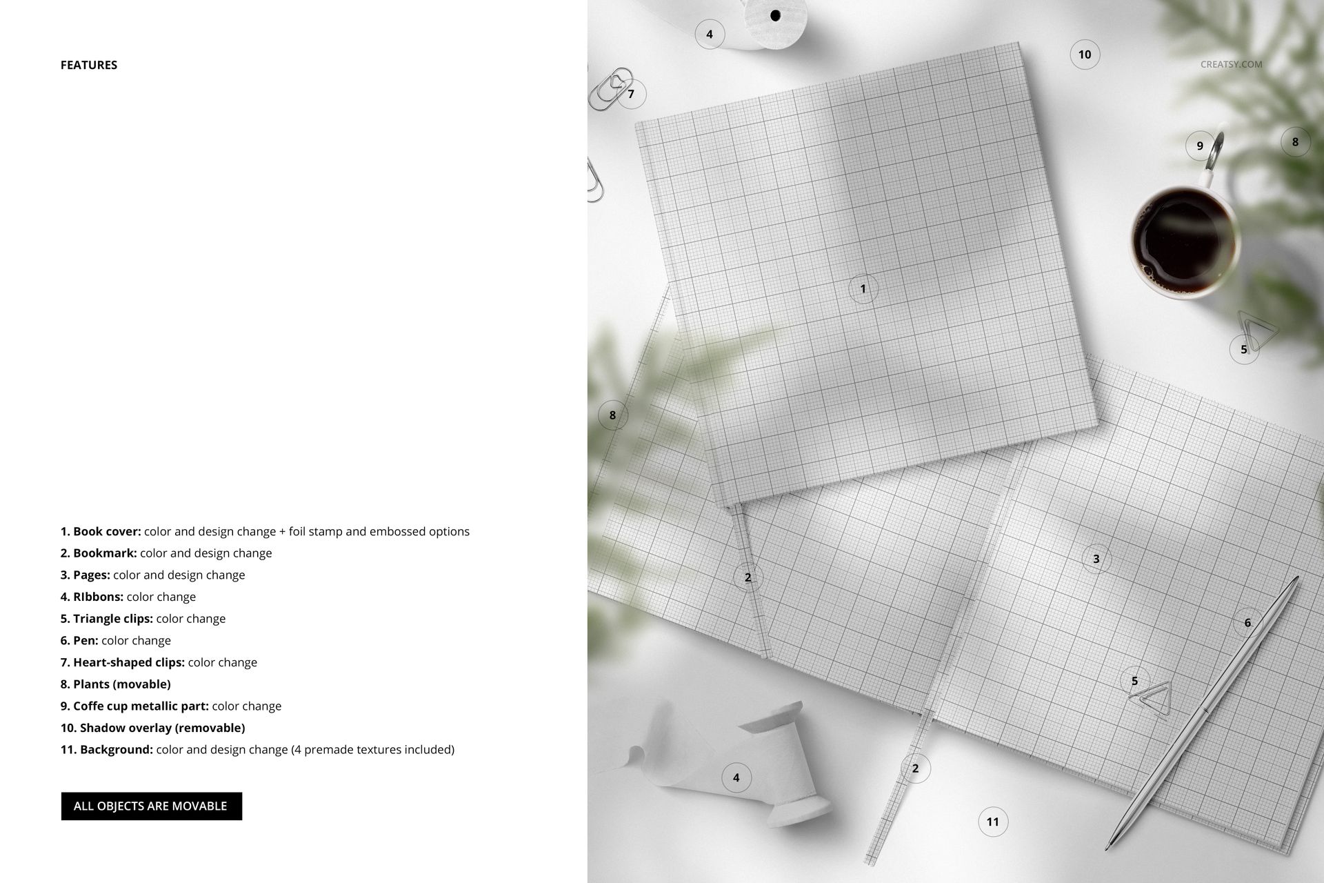 Top view of an open guest book mockup with grid pages, surrounded by pens, paper clips, and stationery items on a white surface.