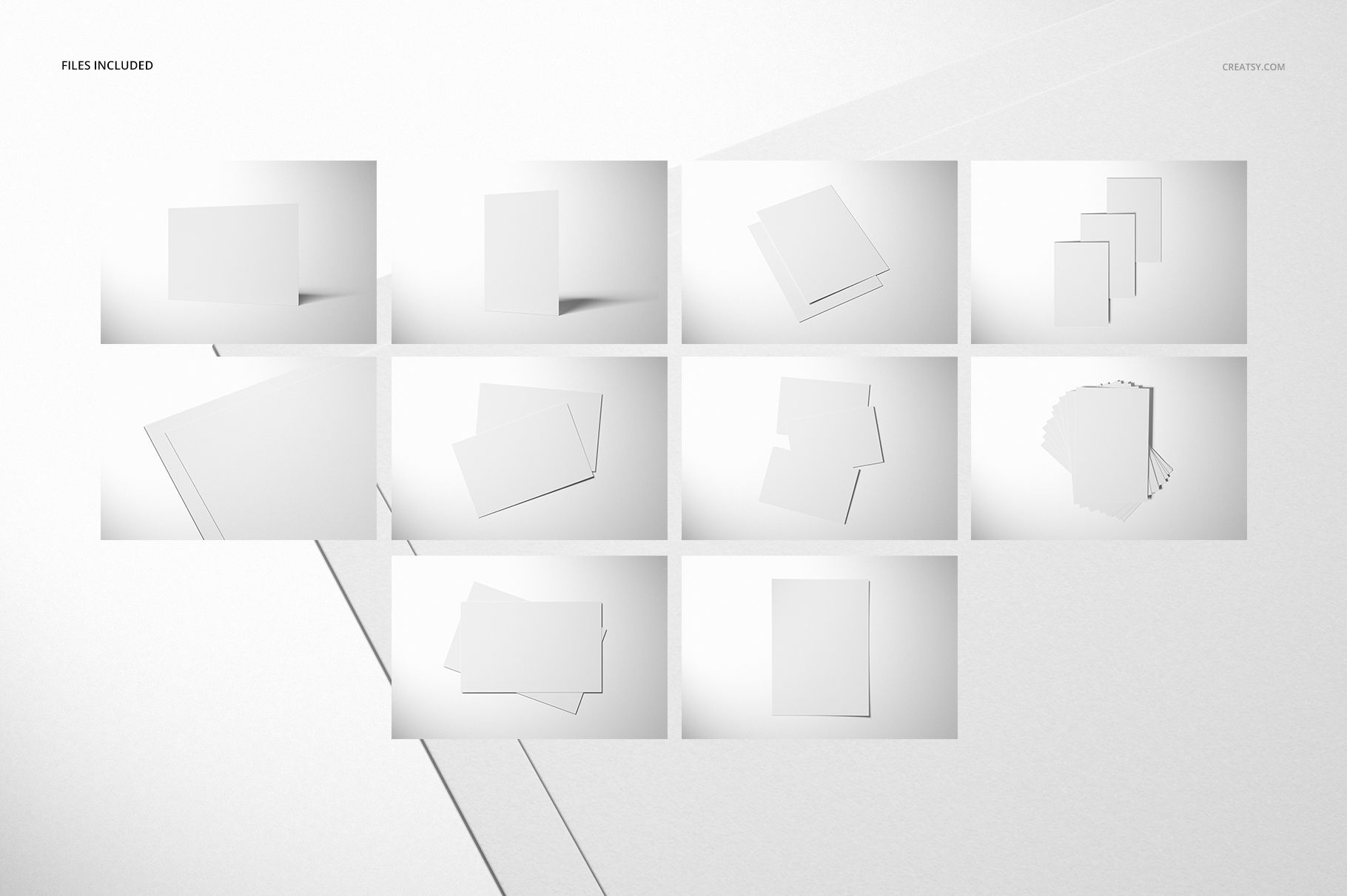 Flat cards mockup set featuring various blank rectangular cards arranged in different layouts on a light background.