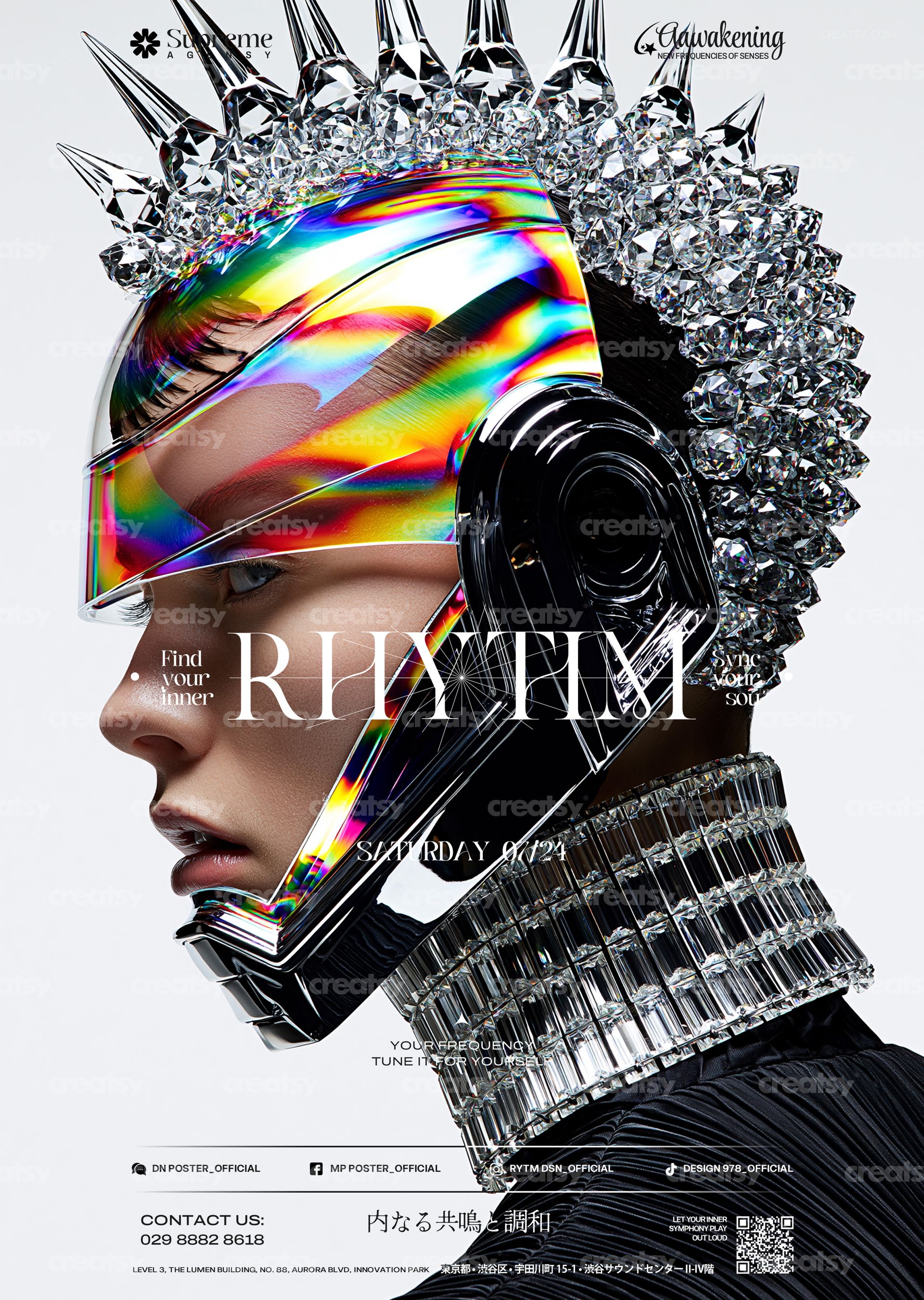 Cyber-themed poster mockup showing a close-up of a person in a reflective crystal helmet and chrome accessories.