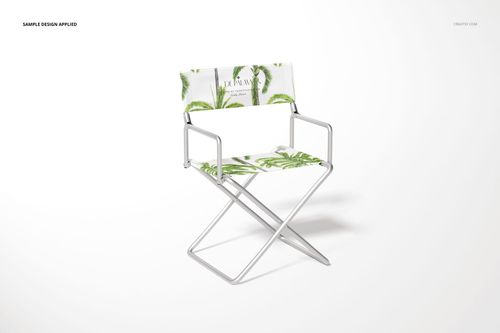 Director's chair mockup featuring a tropical green palm leaf design on white fabric, displayed on a plain white backdrop.