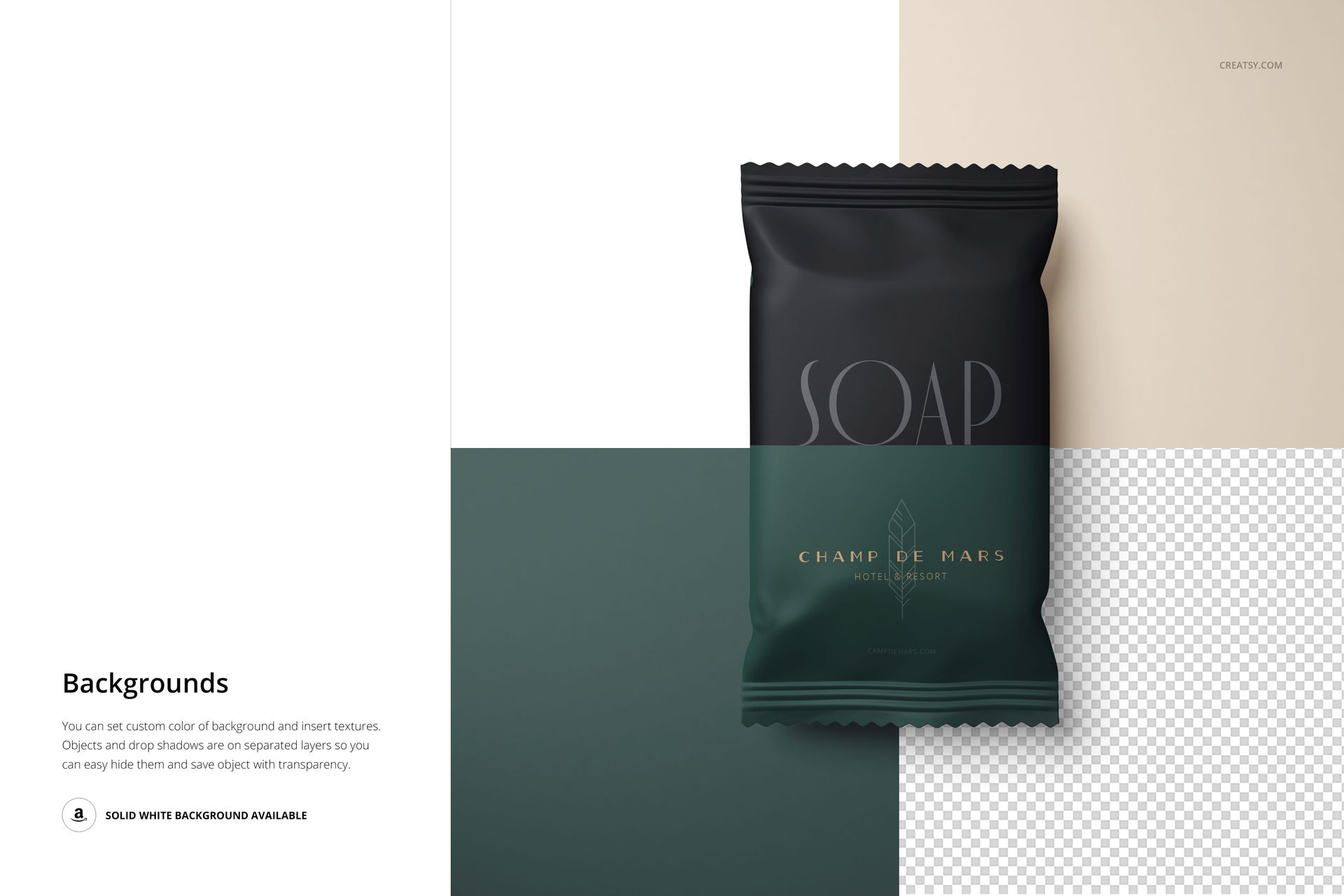 Front view of a rectangular hotel hand soap mockup with dark packaging, placed on a split color background.