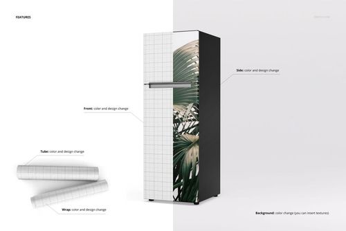 Fridge mockup featuring editable wrap design with grid pattern and tropical leaves, displayed on a clean backdrop.