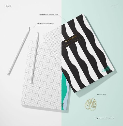 PSD mockup showing two planners and pencils from above, featuring contrasting grid and wavy designs on a dual-tone surface.