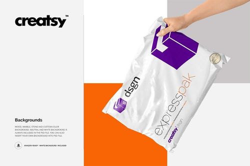 White mailing bag mockup with geometric purple logo and orange accents, shown against a color-blocked background.