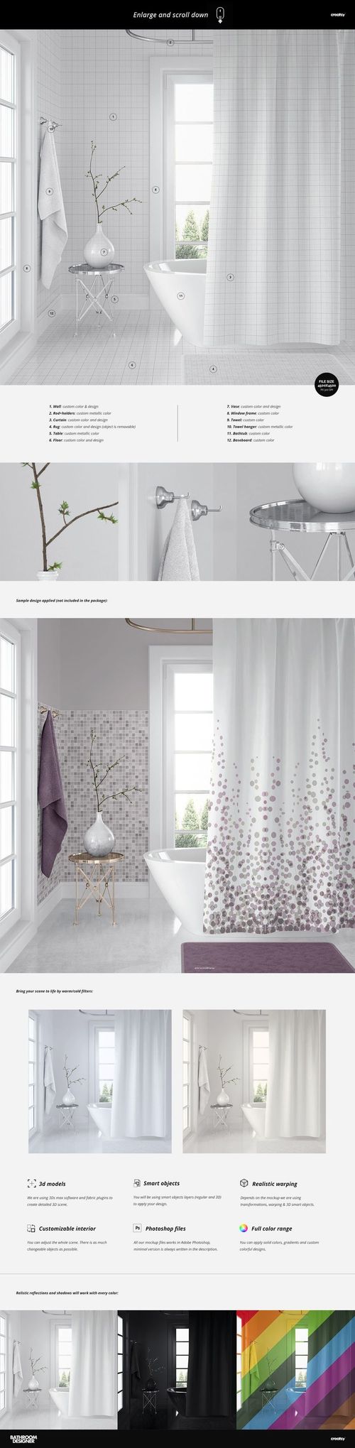 Bathroom scene featuring a white bath curtain mockup hanging from a rod, with soft natural light and minimal decor.