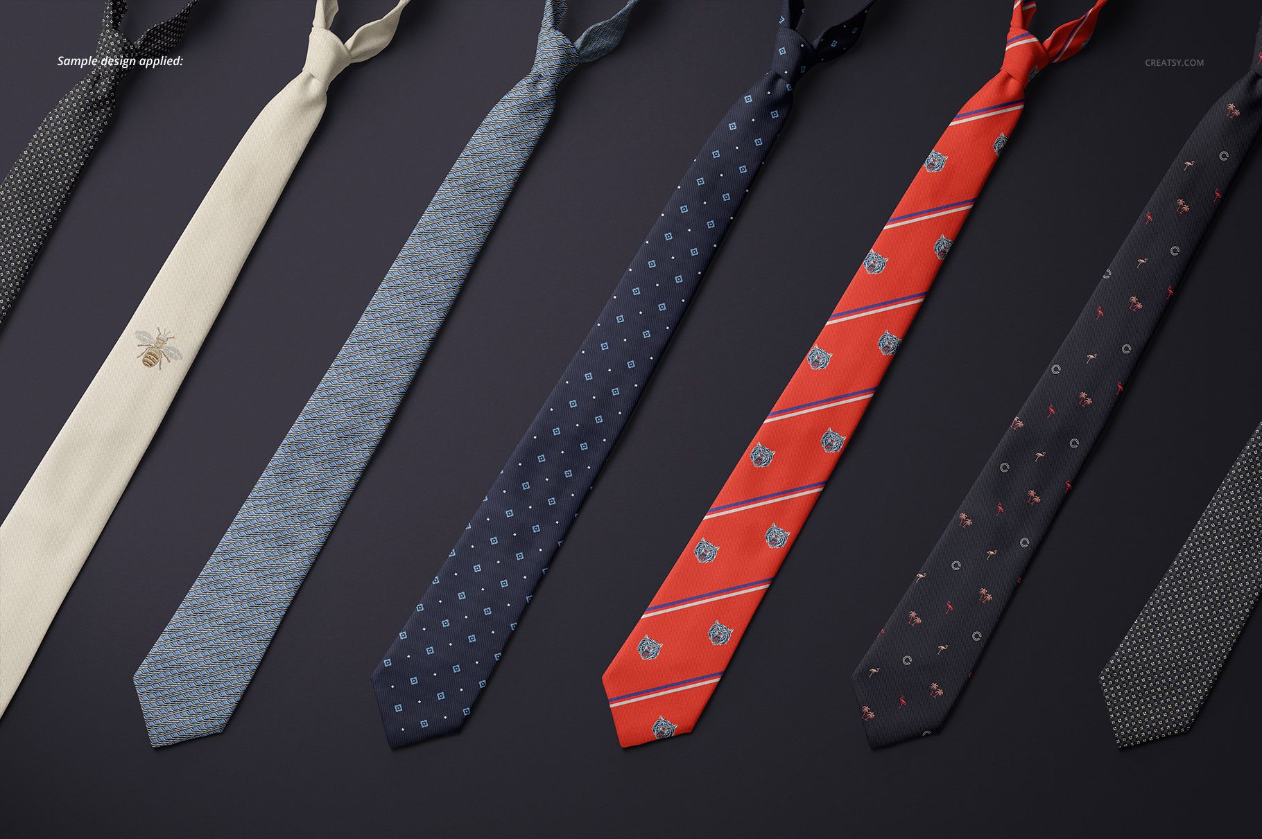Fashion accessory mockup with multiple ties in distinct colors and patterns, presented in a front-facing layout.