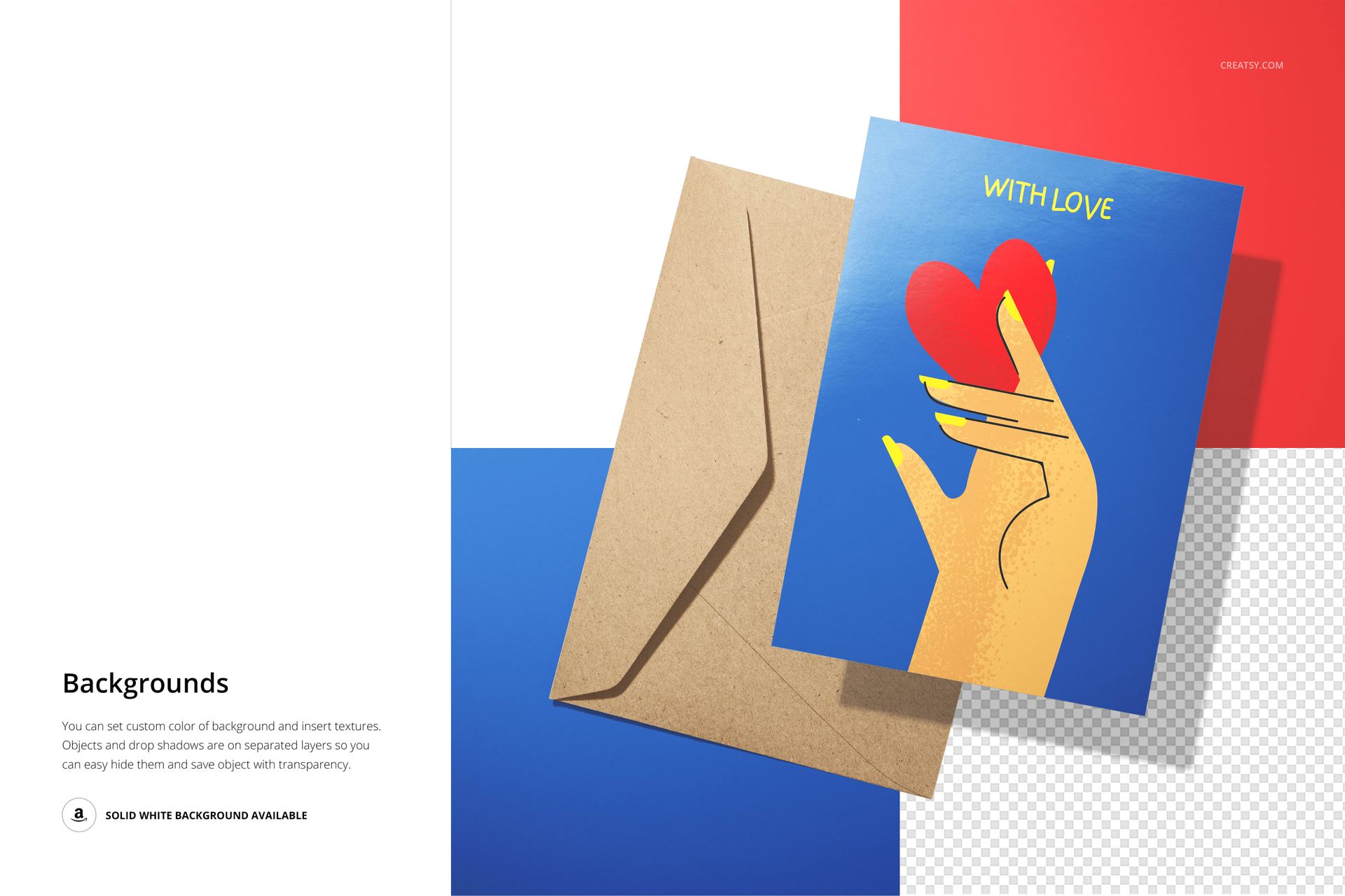 Front view of a paper valentines card mockup featuring a card with a hand holding a heart, next to a brown envelope.