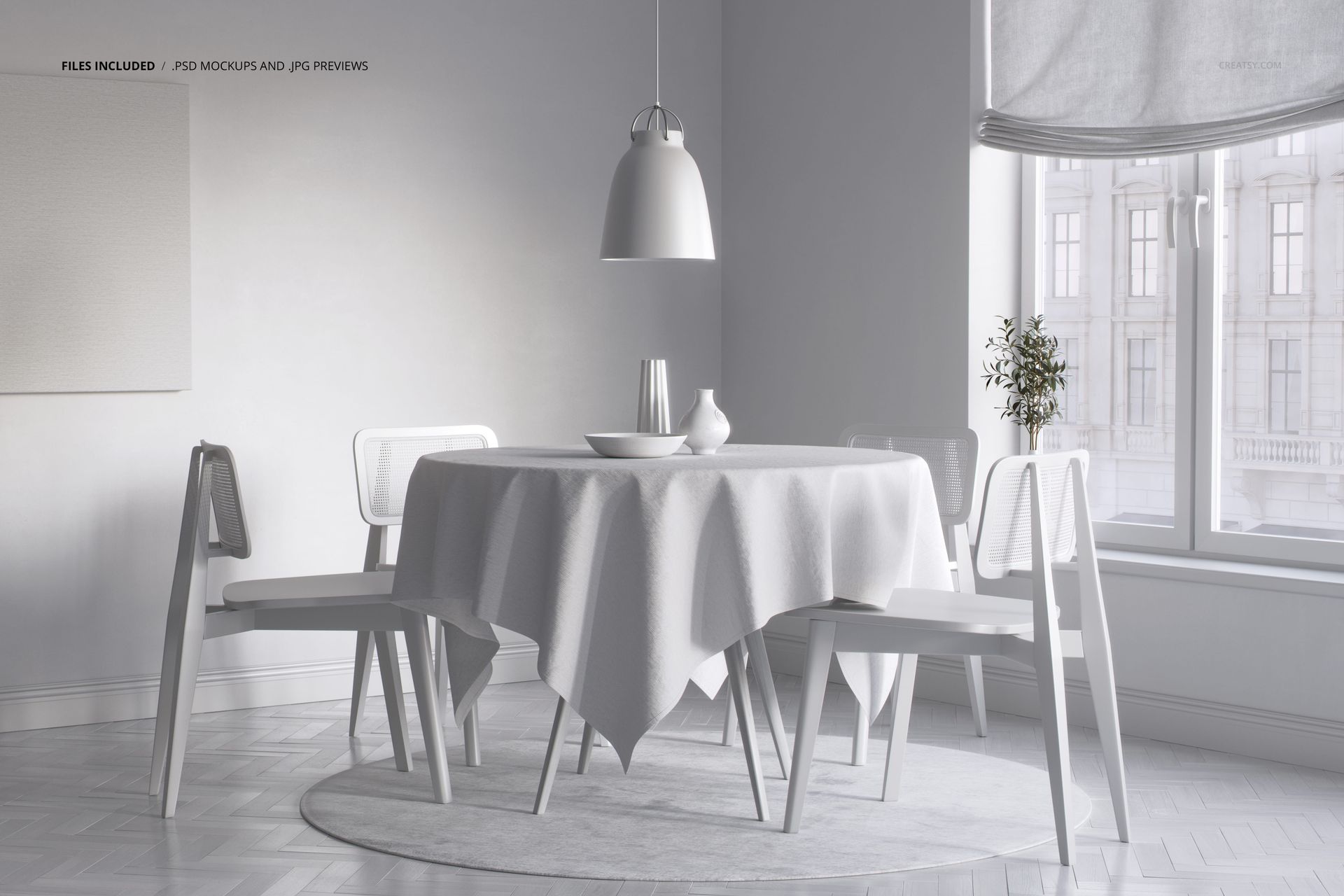 PSD mockup of a townhouse dining area with a round table, white tablecloth, ceramic decor, and neutral interior accents.