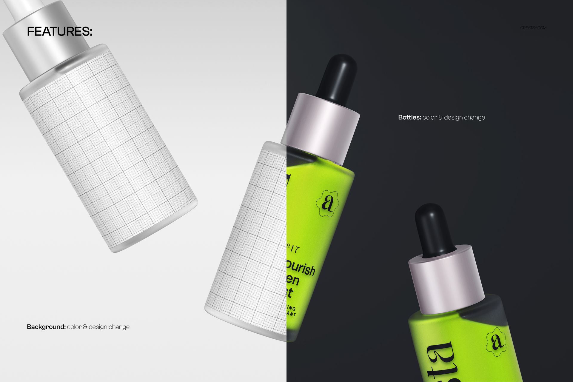 Trio of dropper bottles mockup featuring a grid-patterned bottle and two neon green bottles, shown from the front.