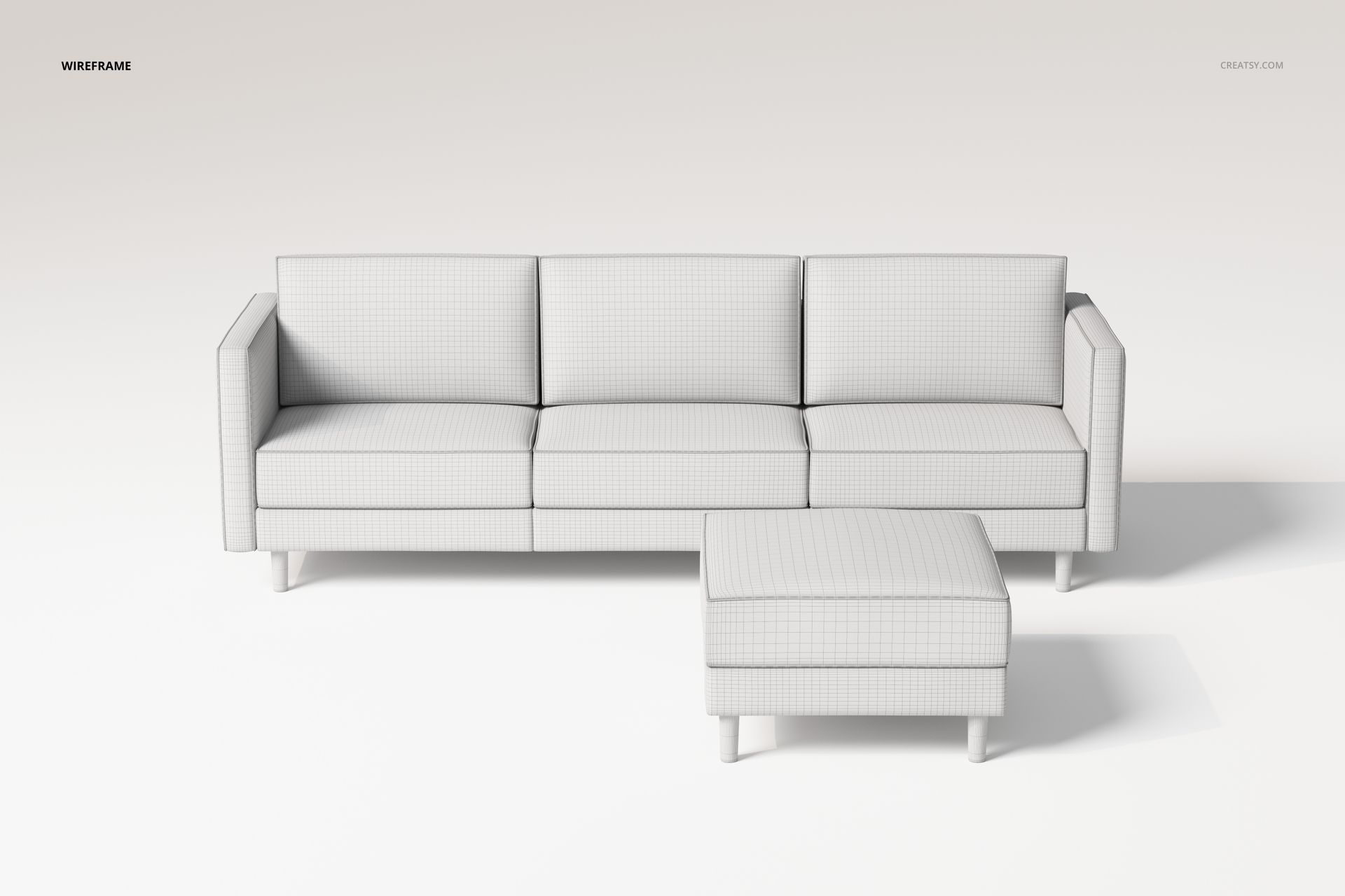 Front view of a three-seater sofa with ottoman in a white grid wireframe texture, set against a plain background.