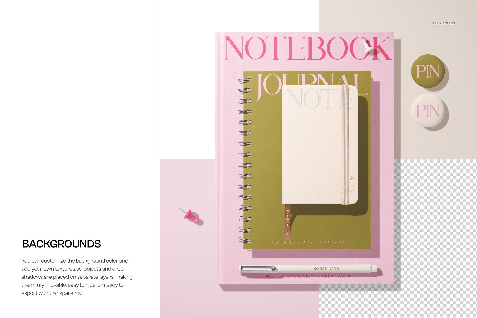 Top view of a spiral journal, hardcover notebook, and pocket calendar mockup arranged on a pink surface with stationery props.