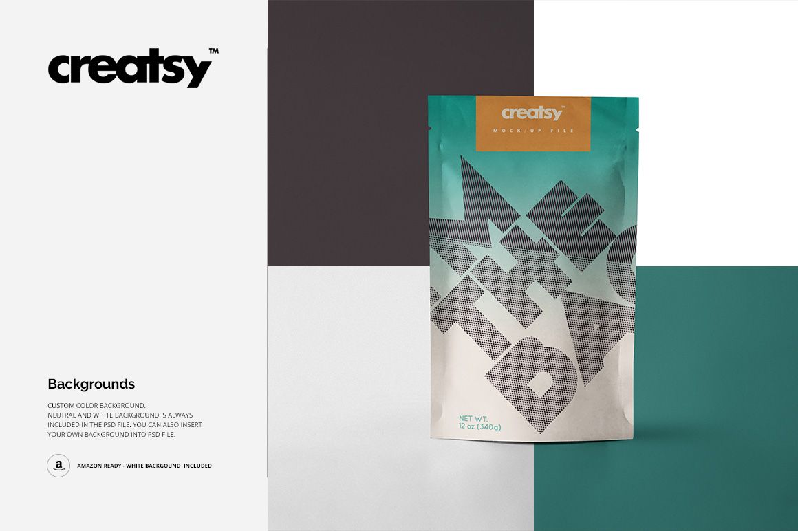 Paper bag mockup displayed upright, featuring bold diagonal text and teal top section, set against a split-color backdrop.