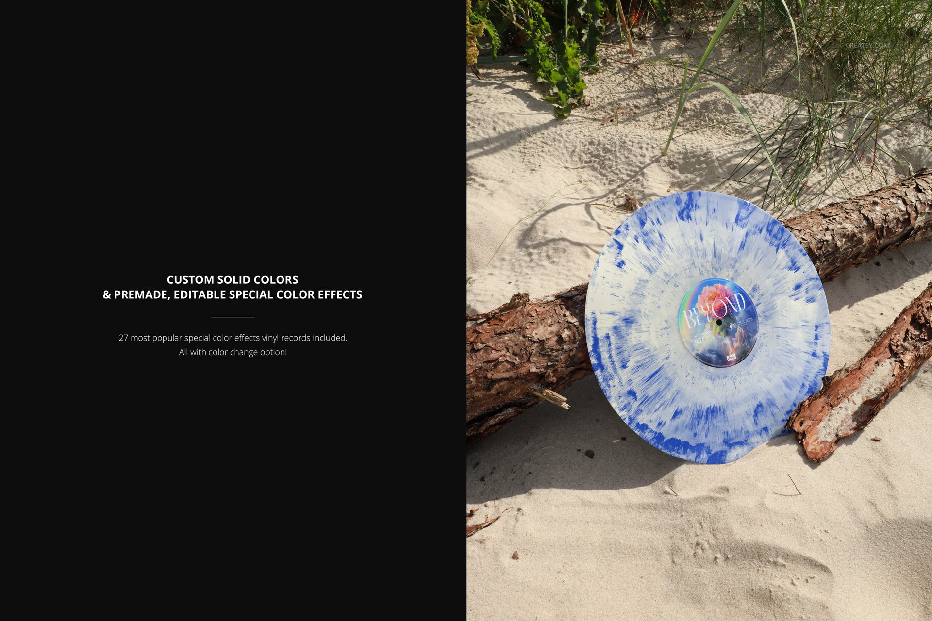 PSD mockup of a colored vinyl record featuring a blue and white pattern, displayed on sand with a dry branch and foliage.