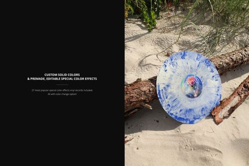 PSD mockup of a colored vinyl record featuring a blue and white pattern, displayed on sand with a dry branch and foliage.