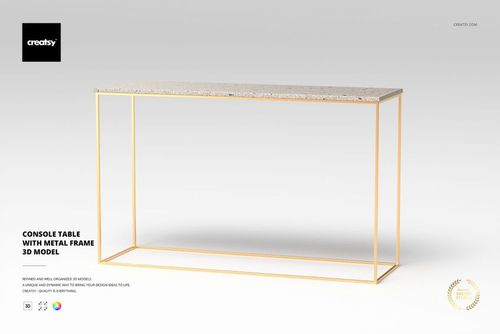 Modern console table with a thin gold metal frame and a light speckled rectangular tabletop, front view on white.
