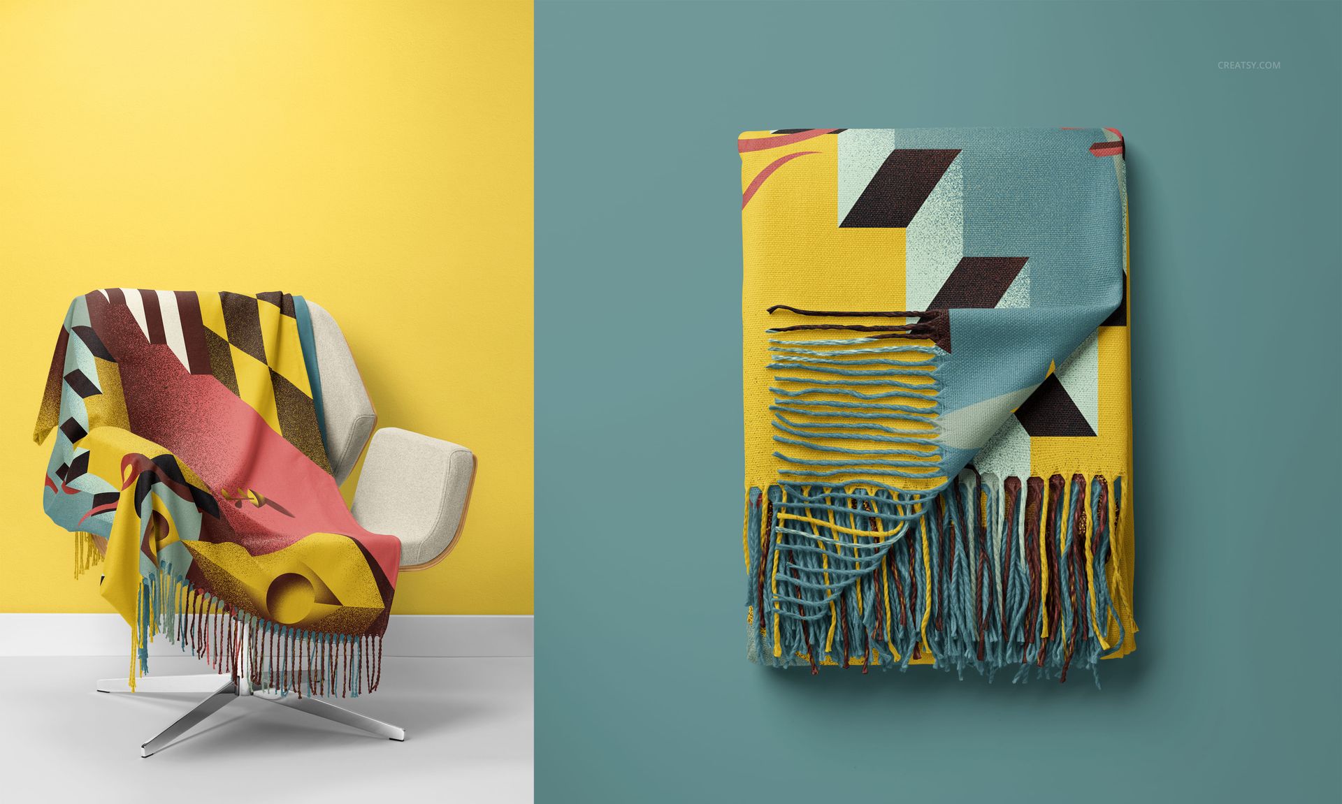 PSD mockup of a tassel fringe blanket with bold shapes and colors, displayed both draped and neatly folded.
